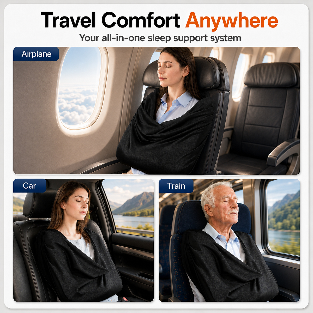 Neblios-Premium Travel Blanket System – Airplane Sleep Support, Blanket Body Sling for Deep Sleep