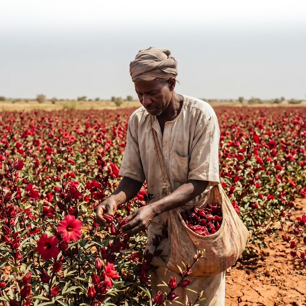 Farmer harvesting hibiscus flowers