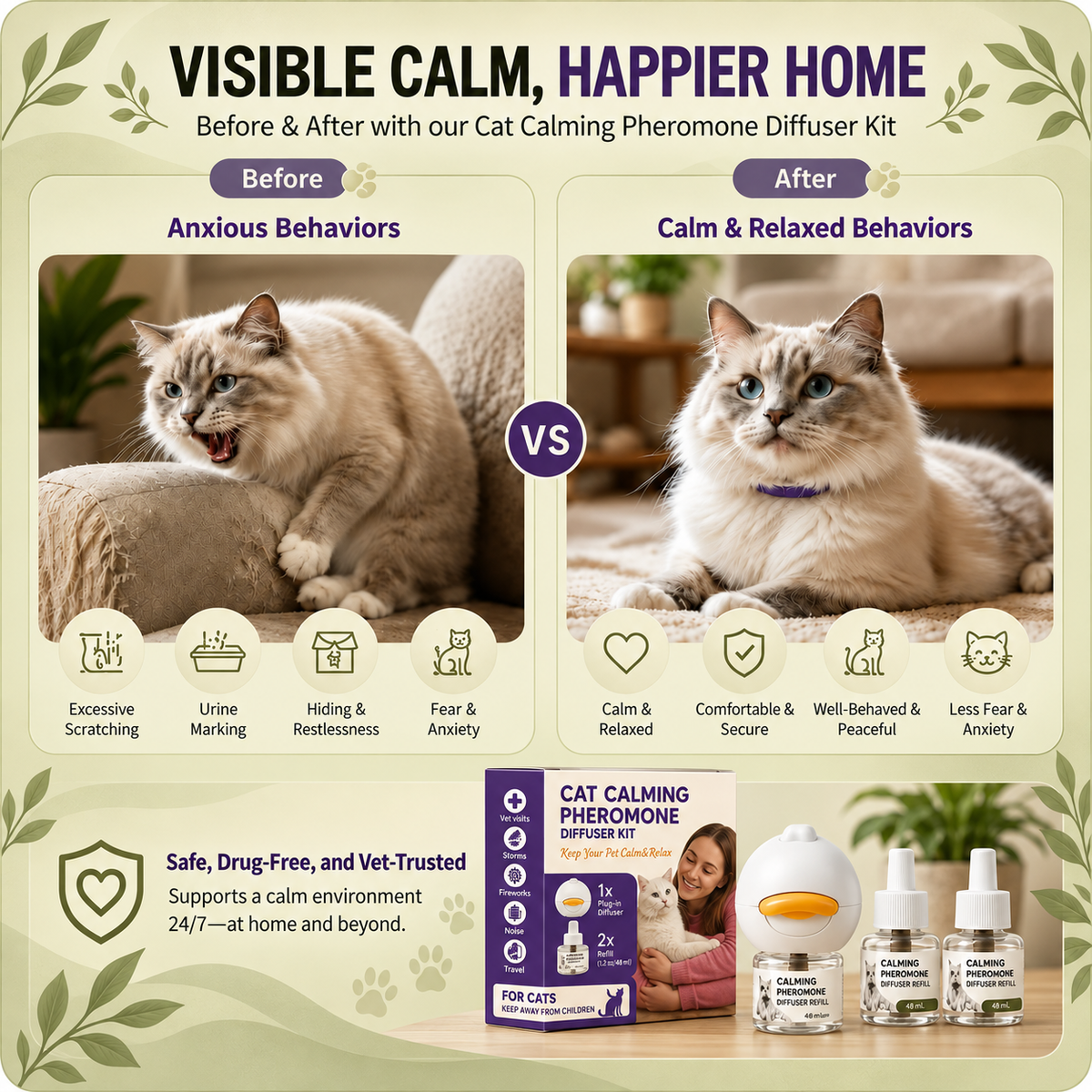 Neblios™ Cat Calming Diffuser Kit – 2026 Upgraded Pheromone Technology for Reducing Stress, Spraying, Scratching & Anxiety in Cats, Support Calm Behavior